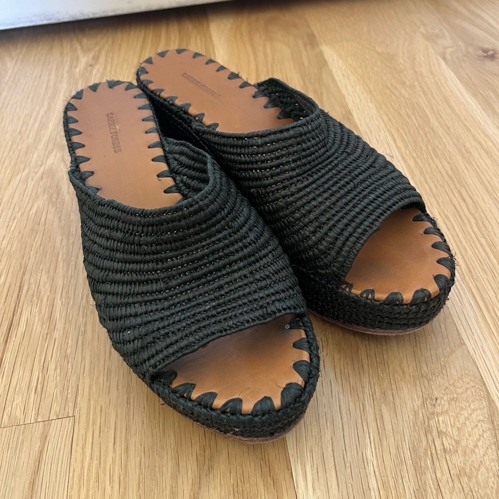 Carrie Forbes Black Karim Raffia Wedge Platform Sandals Size 8 or 38